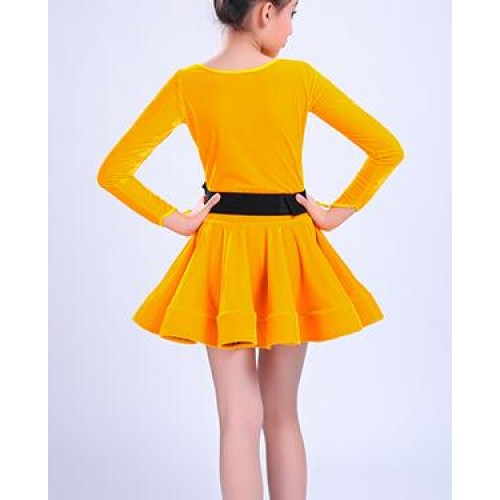 Black fuchsia orange  royal blue velvet long sleeves competition gymnastics performance girl's latin ballroom dance dresses